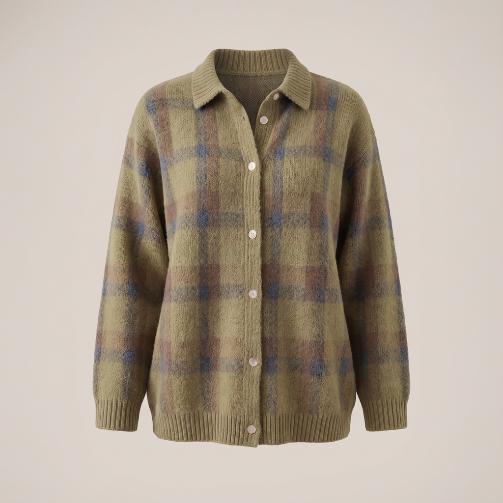 Women’s Collared Plaid Knit Cardigan with Button Front
